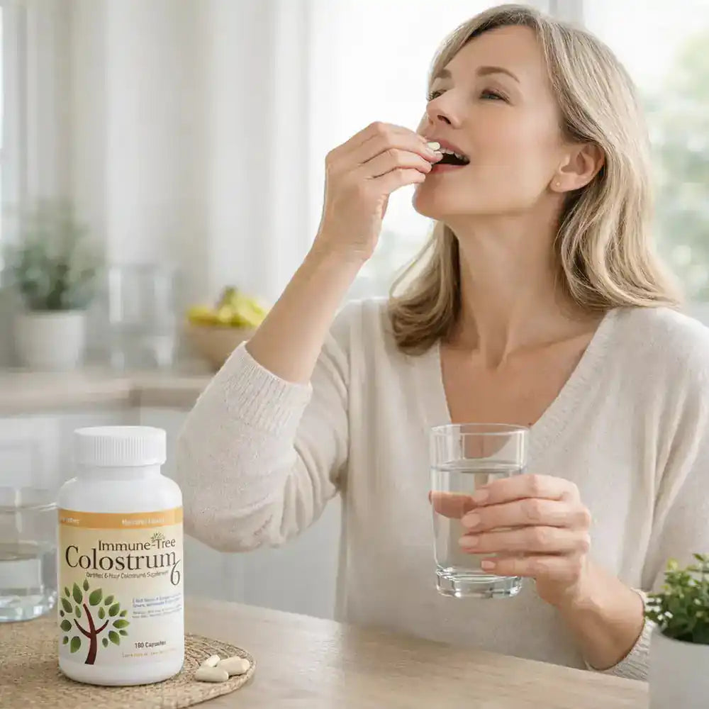 Woman taking a supplement with a glass of water in a kitchen setting
