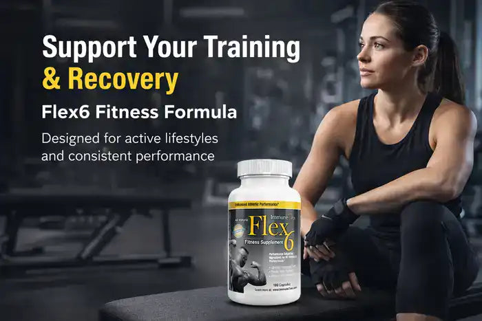 Flex6 Fitness Formula supplement bottle on gym bench next to athletic woman resting after workout, modern gym setting, training performance and recovery support banner