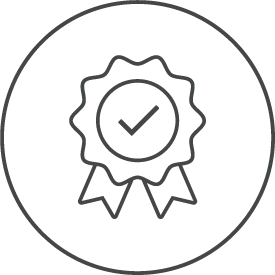 Black and white icon of a ribbon with a check mark in the center, inside a circular border.