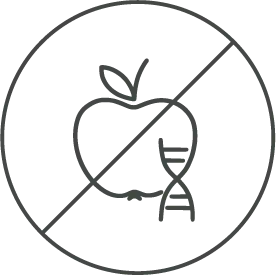 Icon of an apple with a DNA strand crossed out, symbolizing non-GMO food.