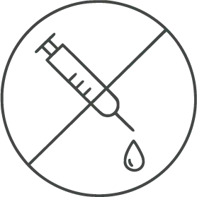 Prohibition sign with a syringe and droplet, indicating no hormones used.