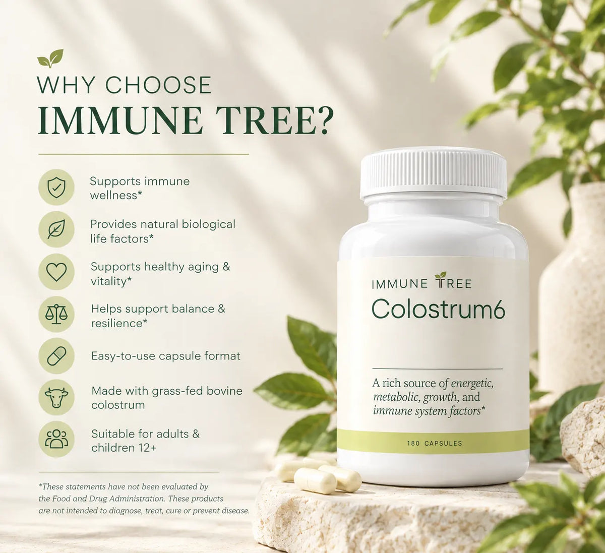 Colostrum6 (Grass-Fed) | 100% Pure Bovine Colostrum Supplement for Adults & Kids | 180 Caps