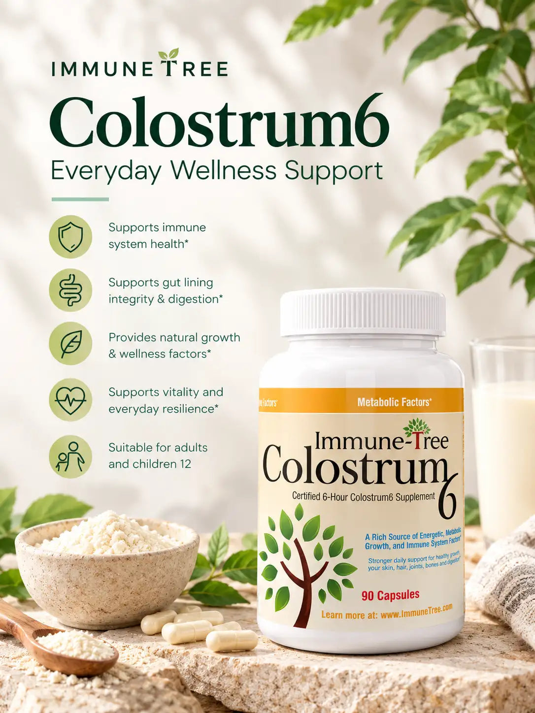 Colostrum6 (Grass-Fed) | 100% Pure Bovine Colostrum Supplement for Adults & Kids | 90 Capsules