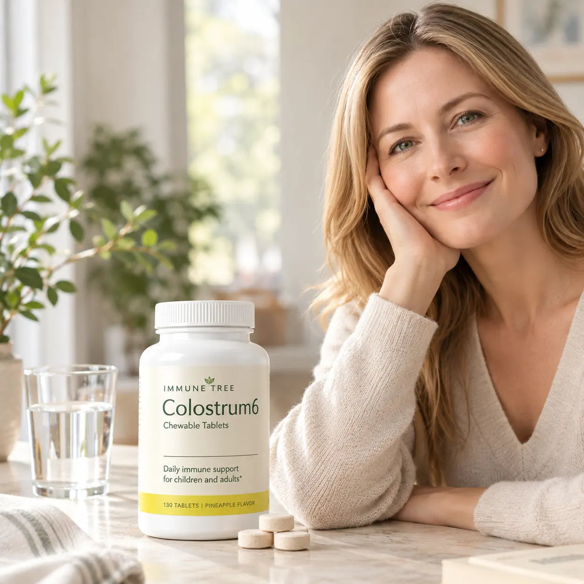 Immune Tree Colostrum6 pineapple chewable tablets lifestyle image showing a smiling woman with long blonde hair in a cream sweater leaning on a marble table, with the Colostrum6 bottle and loose chewable tablets in the foreground and a glass of water to the left, in a bright airy room with green plants in the background
