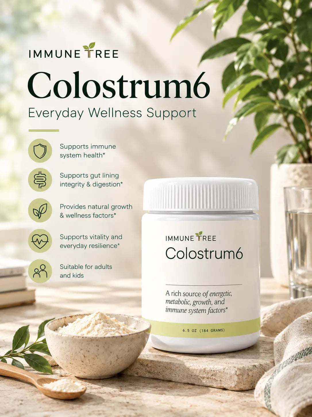 Colostrum6 Powder (Grass-Fed) | 100% Bovine Colostrum Immune Support, Gut Health & Vitality Supplement | 6.5 oz