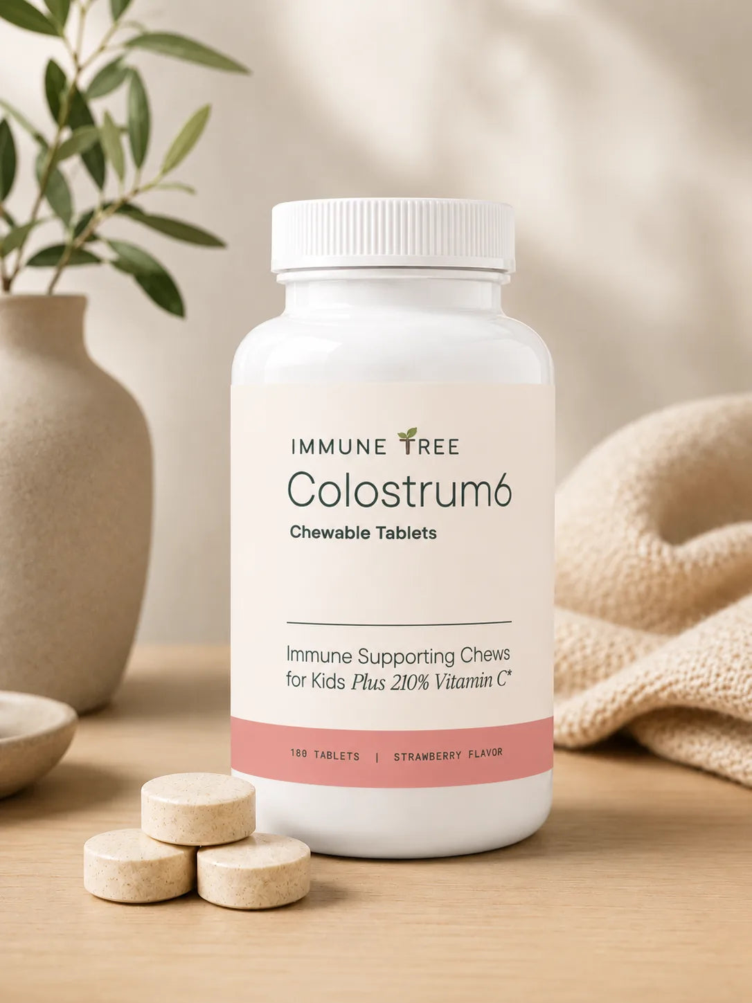 Immune Tree Colostrum6 Strawberry Moo Chews 180 tablet supplement bottle clean product shot on a warm wood surface with a ceramic vase and plant leaves in the background and loose chewable tablets in the foreground, showing the full front label