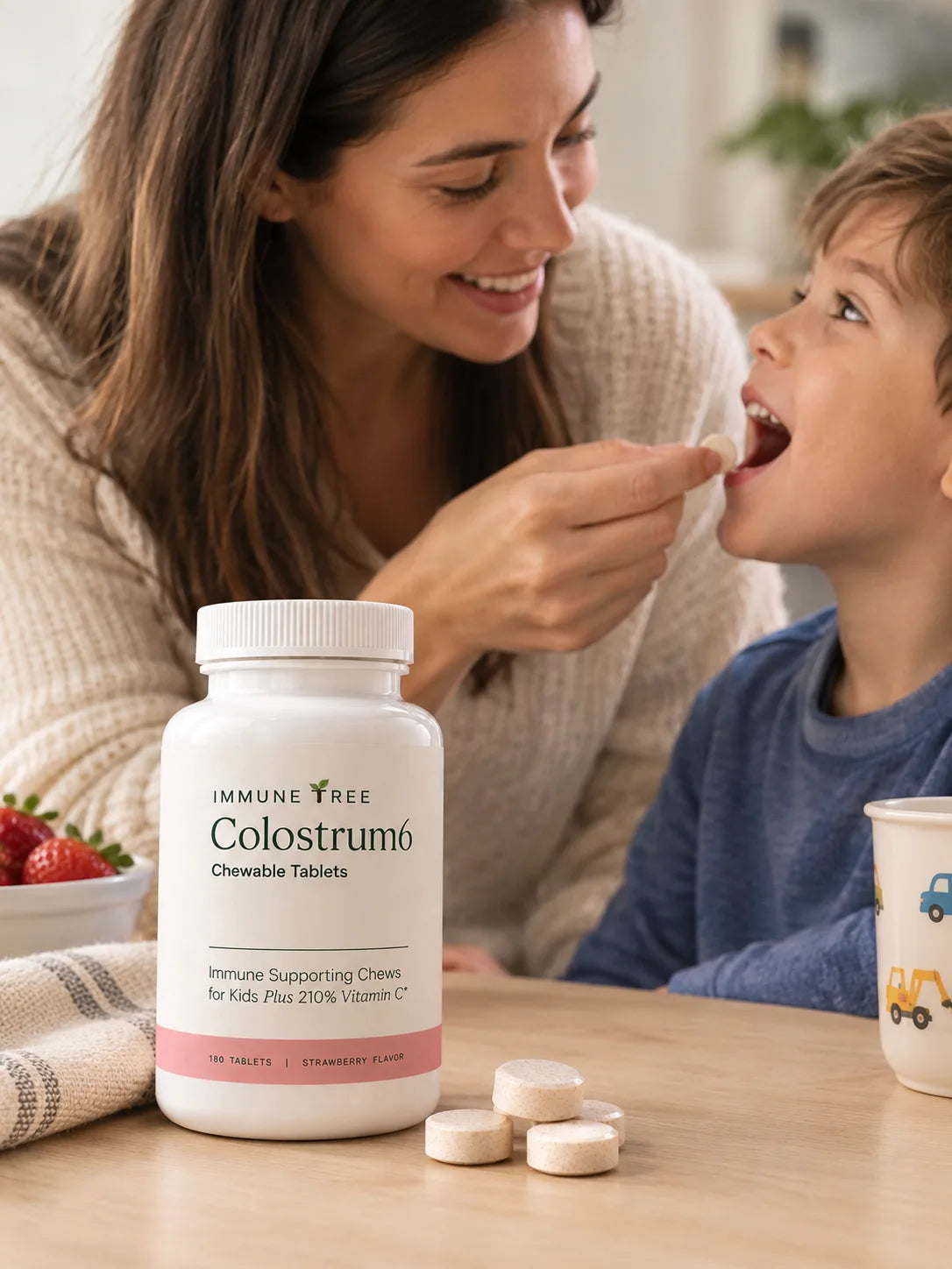 Immune Tree Colostrum6 Strawberry Moo Chews lifestyle image showing a smiling mother giving a chewable colostrum tablet to her young son at a kitchen table, with the Colostrum6 bottle and loose tablets in the foreground, a bowl of fresh strawberries to the left, and the child's cup to the right