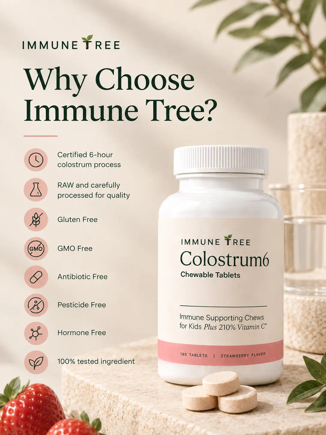 Immune Tree Colostrum6 Strawberry Moo Chews supplement product image showing a Why Choose Immune Tree infographic with the bottle on a textured stone surface with fresh strawberries and a plant in the background, listing eight reasons including certified 6-hour colostrum process, RAW and carefully processed for quality, Gluten Free, GMO Free, Antibiotic Free, Pesticide Free, Hormone Free, and 100 percent tested ingredient