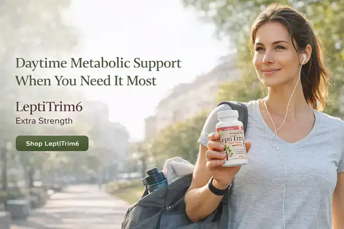 Healthy woman holding LeptiTrim 6 capsules
