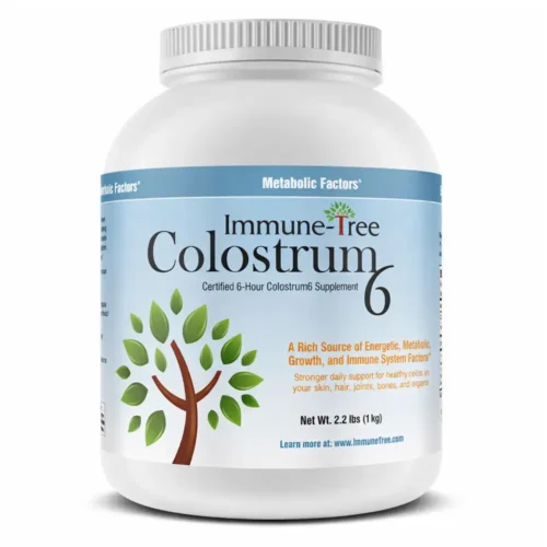 Immune Tree Colostrum6 1kg colostrum supplement powder jar with label, premium bovine colostrum for immune and gut health support.