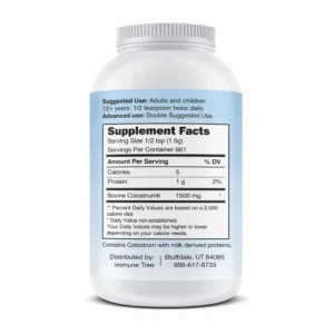 Immune Tree Colostrum6 1kg supplement bottle showing back label with Supplement Facts and suggested use information