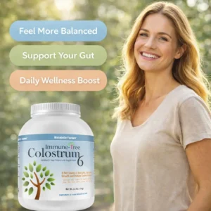 Smiling healthy woman outdoors with Immune Tree Colostrum6 supplement jar, wellness benefits banners and natural sunlight promoting gut health, balance and daily wellness support.