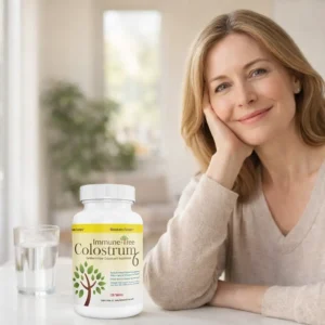 Woman enjoying a calm wellness moment with Immune Tree Colostrum 6 tablets on a table in a bright home setting