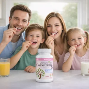 Family with two children taking Immune Tree Colostrum6 supplement in a bright kitchen, showing a natural moment of family wellness and daily immune support.