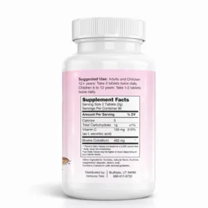 Back view of Immune Tree Colostrum6 supplement bottle showing the Supplement Facts label and usage instructions, photographed with soft, subtle highlights on a clean white background.