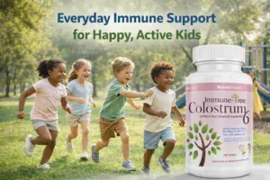 Immune Tree Colostrum6 kids supplement banner with active children playing outdoors and the message “Everyday Immune Support for Happy, Active Kids.