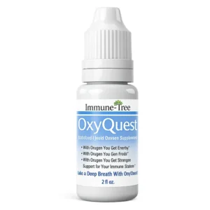 Immune Tree OxyQuest stabilized liquid oxygen supplement bottle, 2 fl oz, with blue and white label.