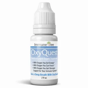 Immune Tree OxyQuest stabilized liquid oxygen supplement bottle, 2 fl oz, with blue and white label.