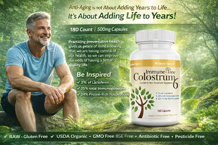 Immune Tree Colostrum6 dietary supplement bottle with an active middle-aged man outdoors, promoting healthy aging, immune support, and daily vitality in a natural green and blue wellness setting.