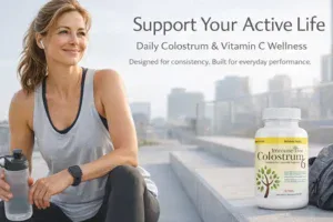 Fit adult woman resting after a workout in an urban setting with Immune Tree Colostrum Pineapple Lozenges bottle displayed beside her, representing active lifestyle and daily performance wellness.